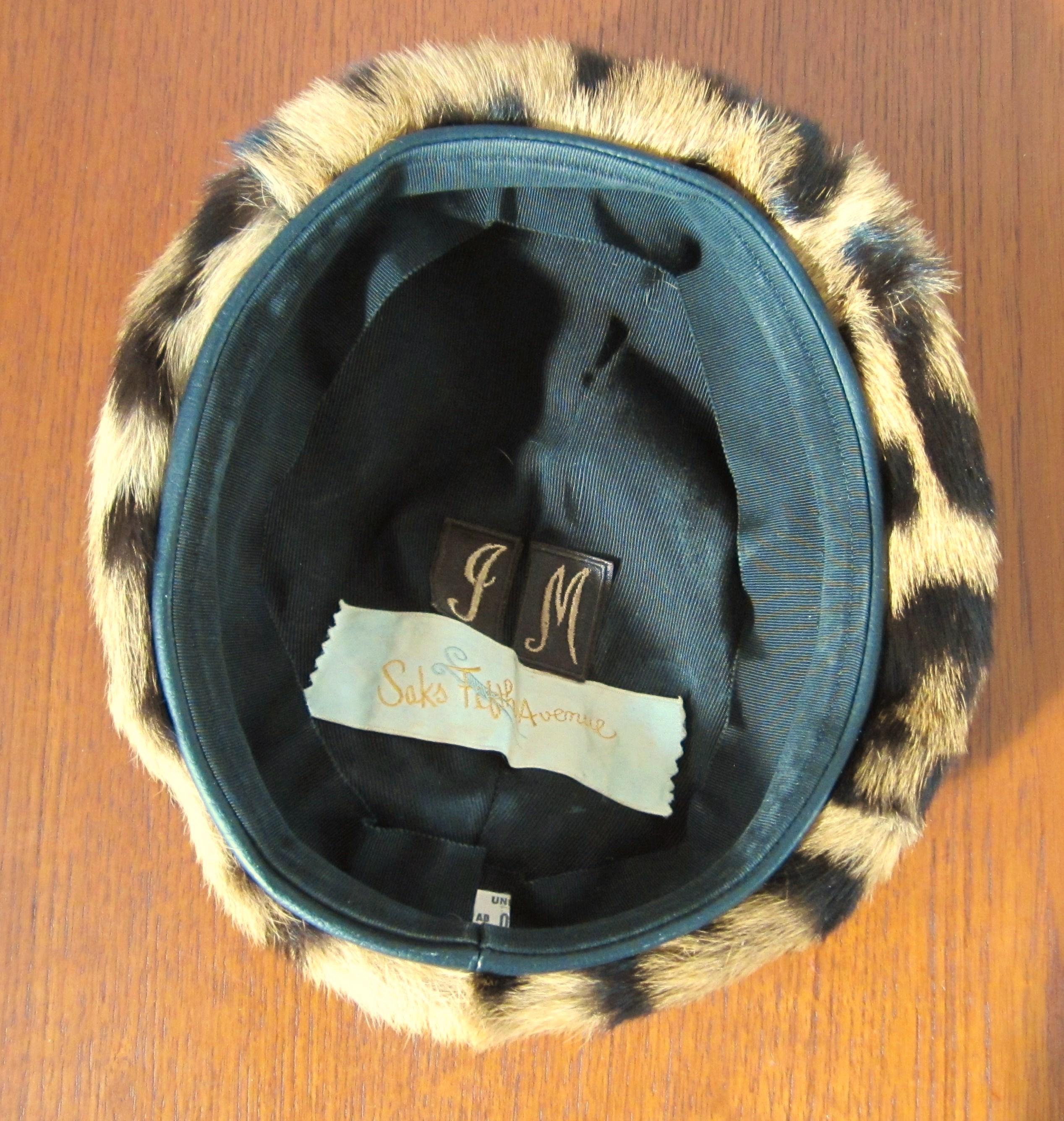 Vintage Leopard Print Leather Beret Hat 1940s 1950s  In Good Condition In Wallkill, NY