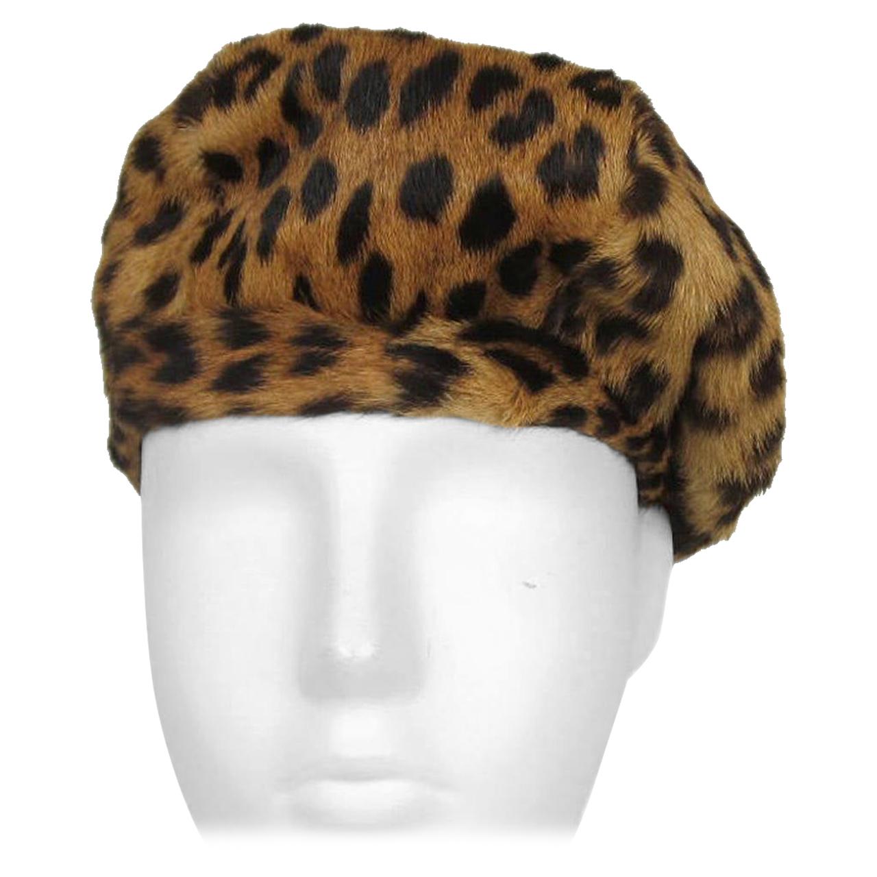 Vintage Leopard Print Leather Beret Hat 1940s 1950s 