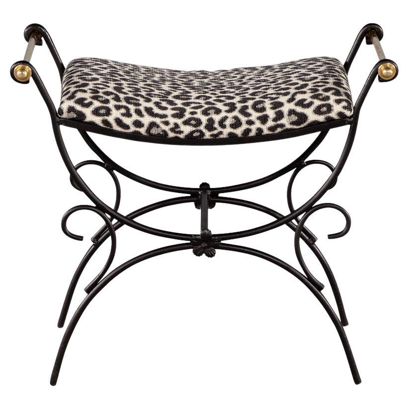 Vintage Leopard Vanity Stool Brass Accents For Sale
