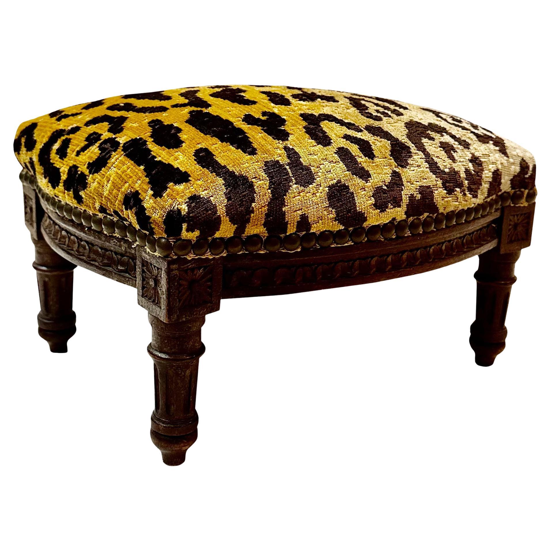 Vintage Leopard Velvet French Stool For Sale