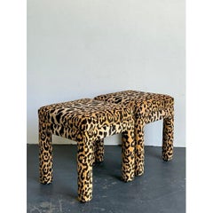 Vintage Leopard Velvet Upholstered Stools - Set of 2