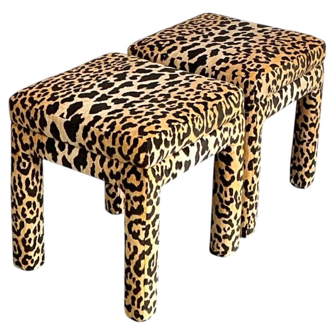 Vintage Leopard Velvet Upholstered Stools - Set of 2