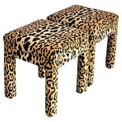Vintage Leopard Velvet Upholstered Stools - Set of 2
