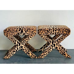 Vintage Leopard Velvet X-Base Stools - A Pair
