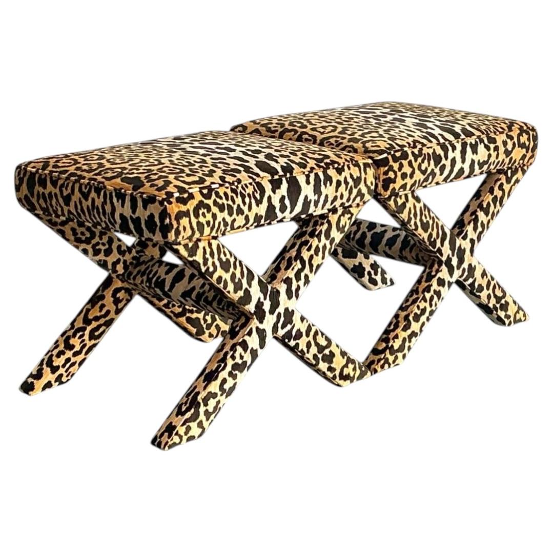 Vintage Leopard Velvet X-Base Stools - A Pair For Sale