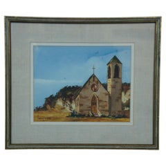 Vintage Leroy Cross Spanish Chapel New Mexico Church Watercolor Painting