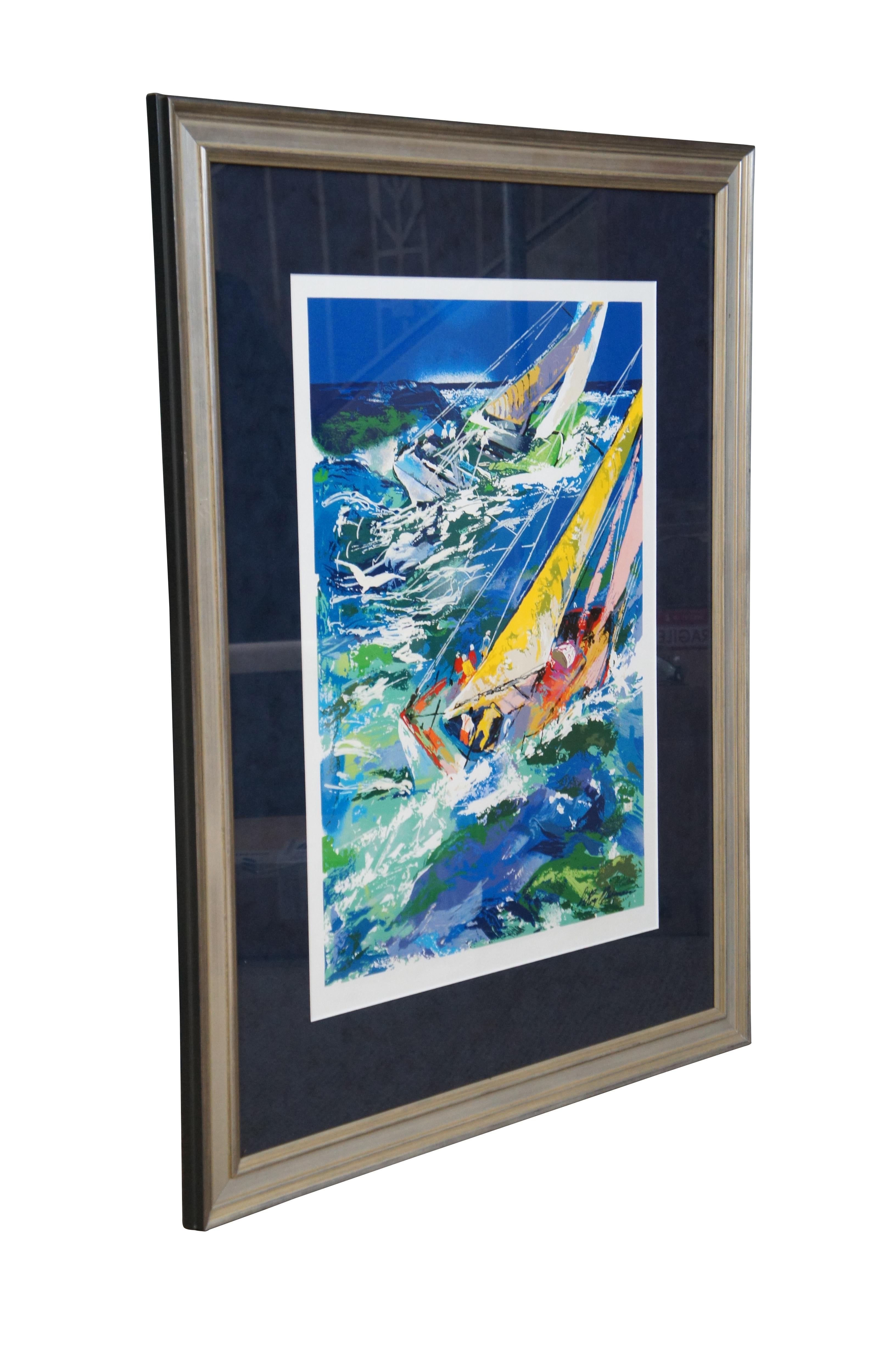 Vintage serigraph print titled High Seas Sailing II by LeRoy Neiman. Features an impressionist style nautical / martime seascape print of sailboats in the ocean. Signed in stone lower right.

Provenance:
Estate of J. Frederic Gagel, owner of