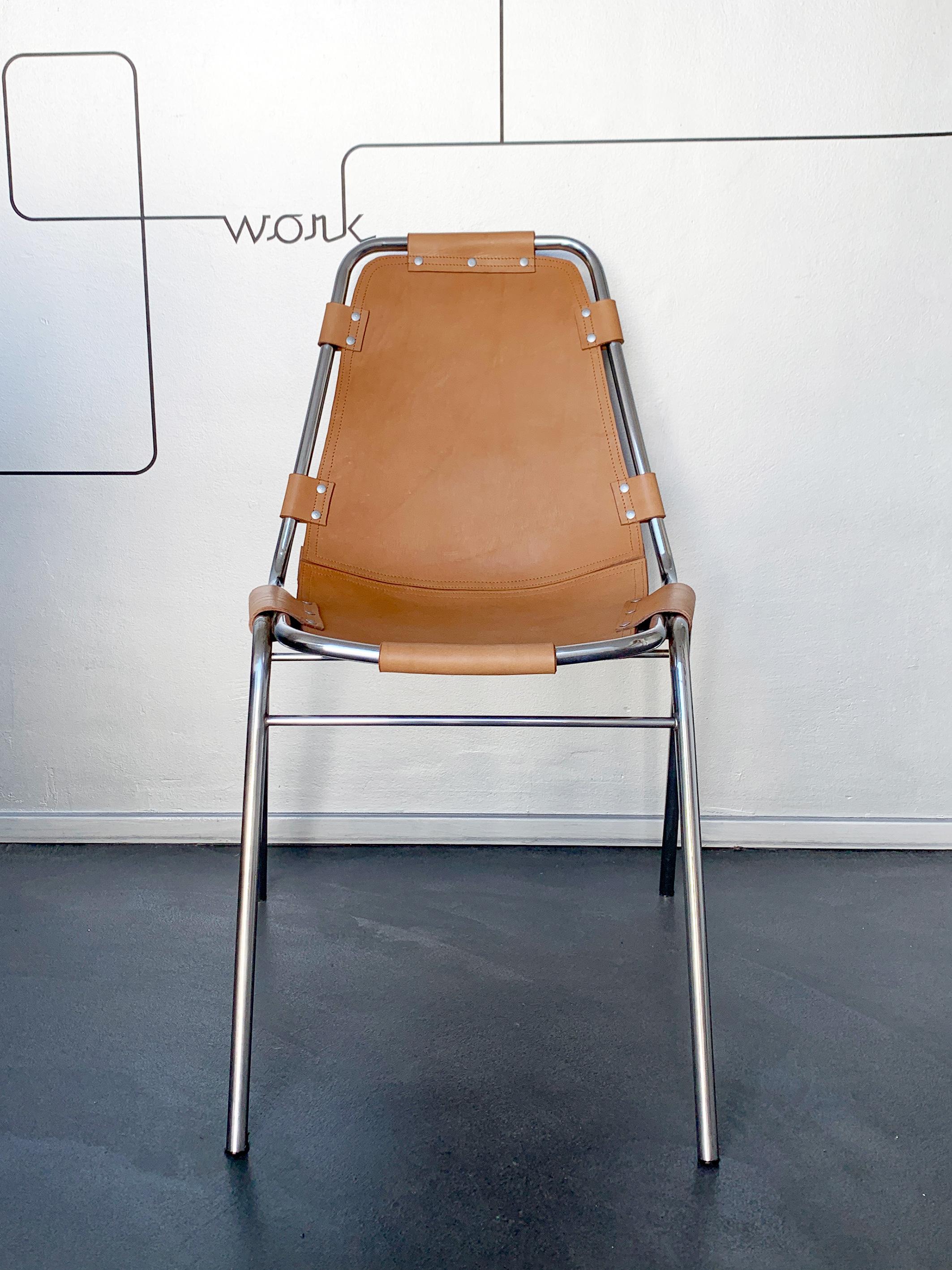 Mid-Century Modern Vintage Les Arcs Dining Chair Selected by Charlotte Perriand, New Leather, 1960s For Sale