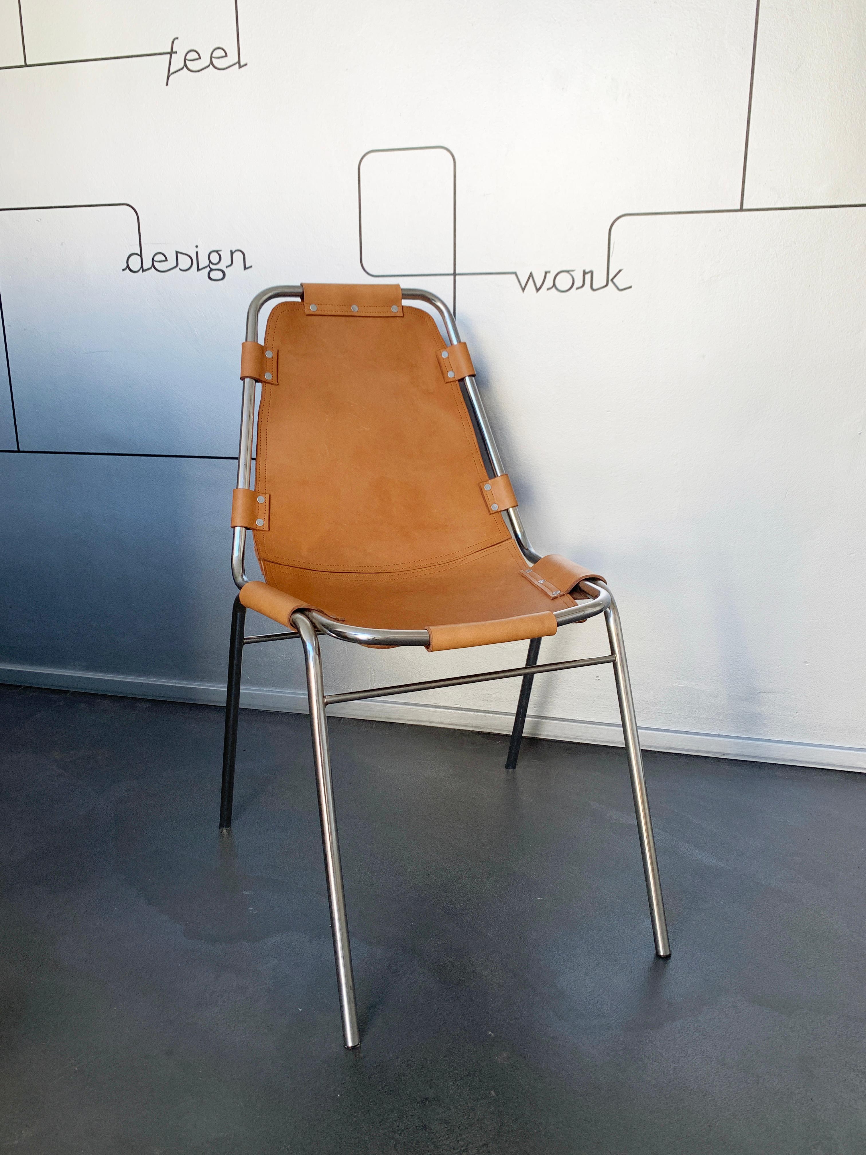 Vintage Les Arcs Dining Chair Selected by Charlotte Perriand, New Leather, 1960s For Sale 1