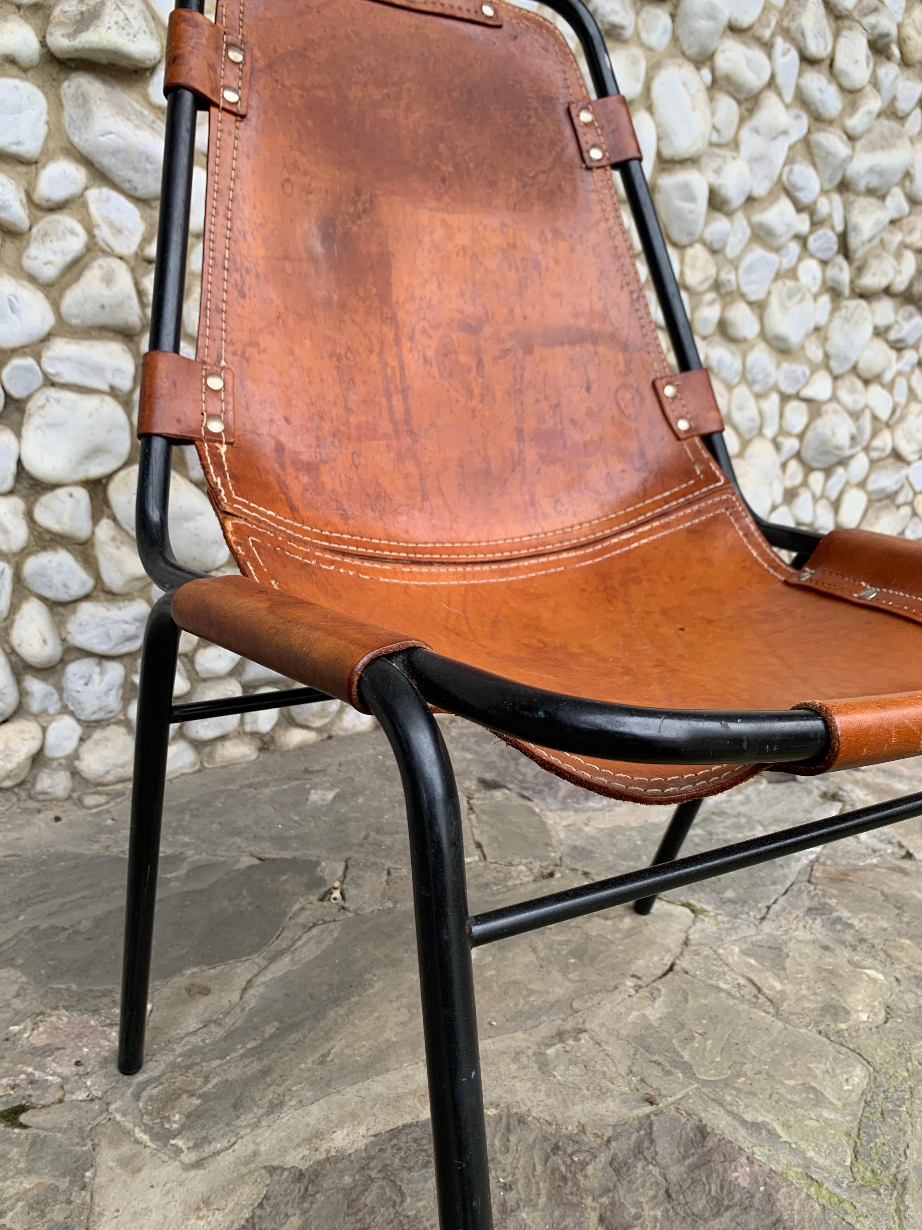 Vintage Les Arcs Dining Chair Selected by Charlotte Perriand patinated Leather For Sale 5