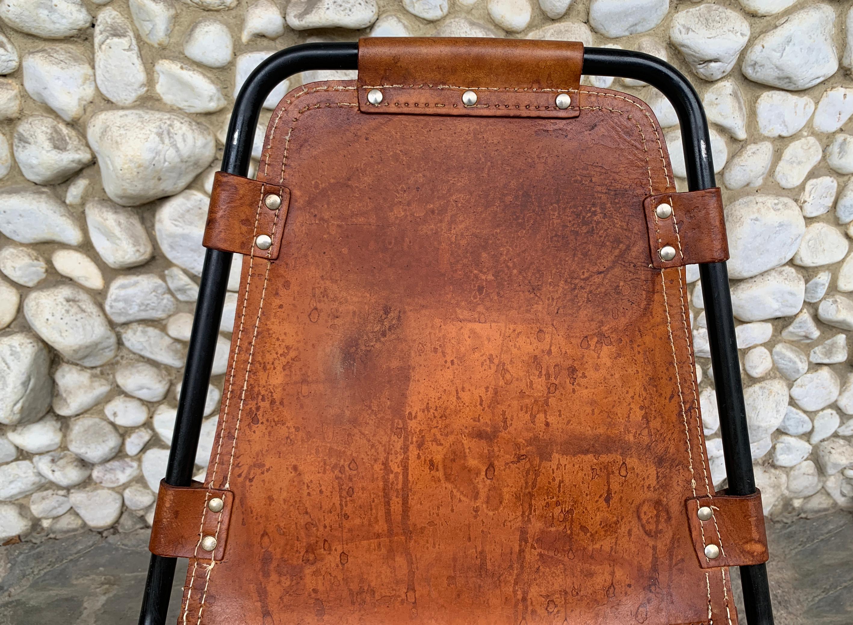 Vintage Les Arcs Dining Chair Selected by Charlotte Perriand patinated Leather For Sale 8