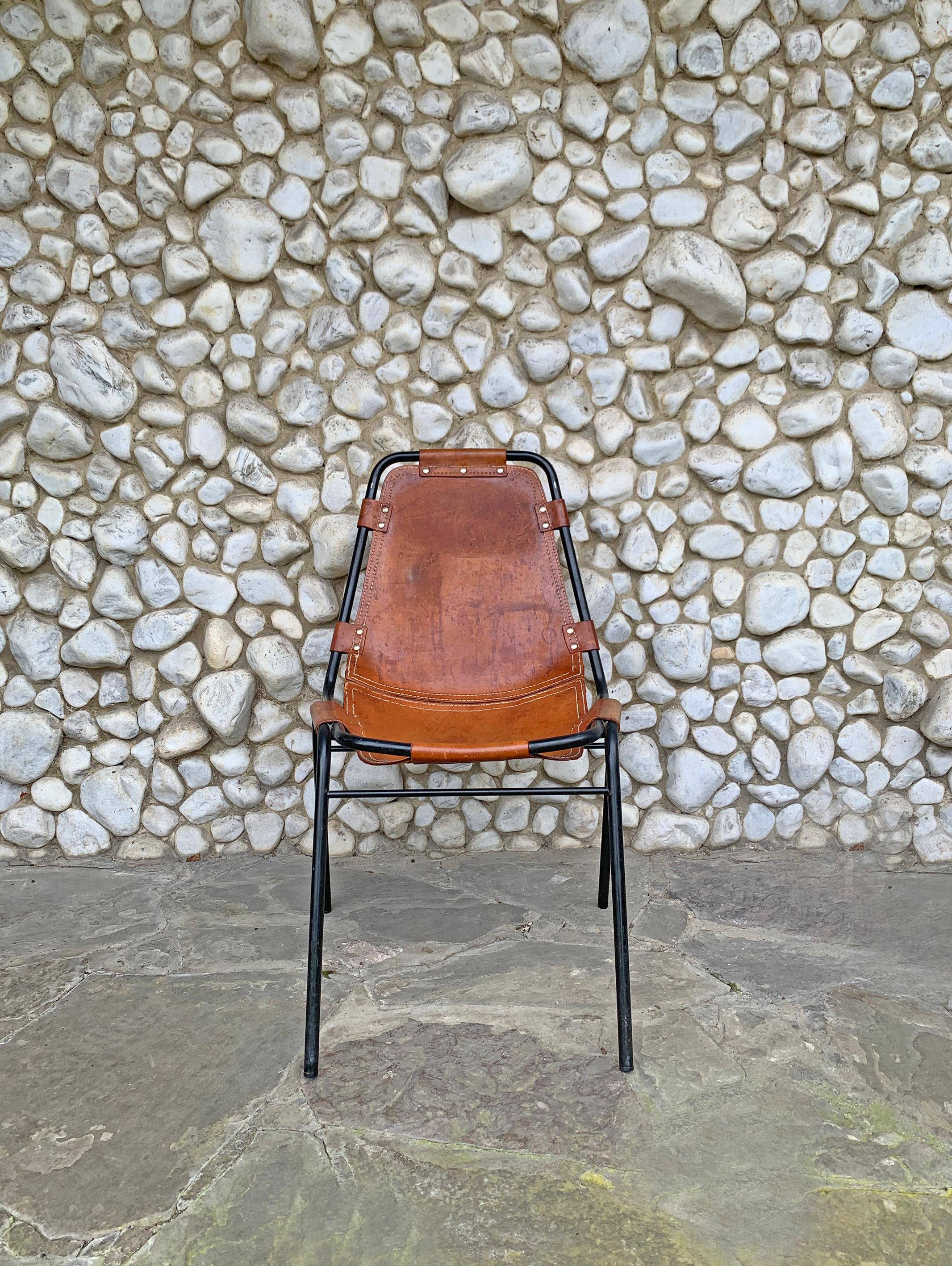 Italian Vintage Les Arcs Dining Chair Selected by Charlotte Perriand patinated Leather For Sale