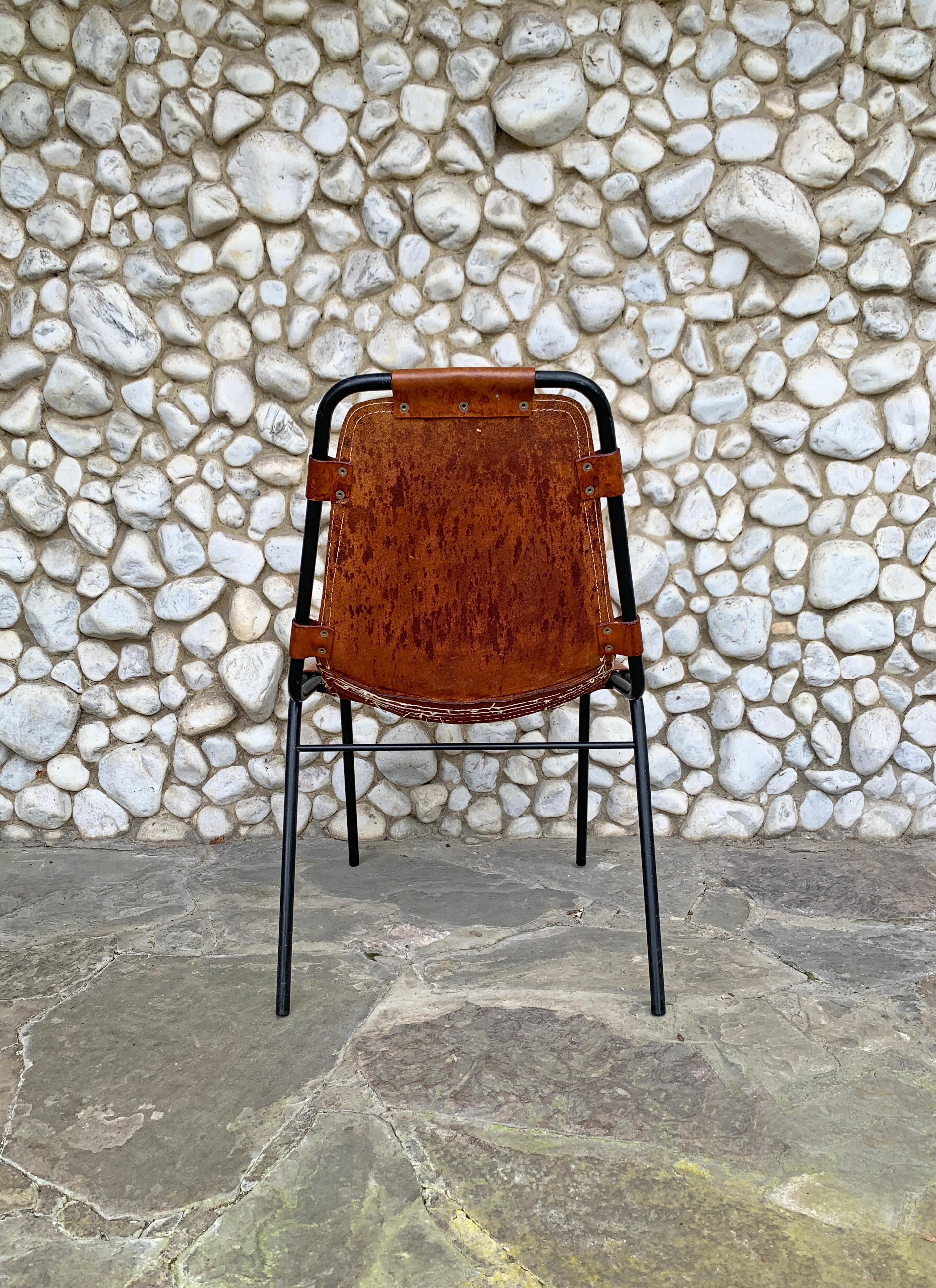 20th Century Vintage Les Arcs Dining Chair Selected by Charlotte Perriand patinated Leather For Sale