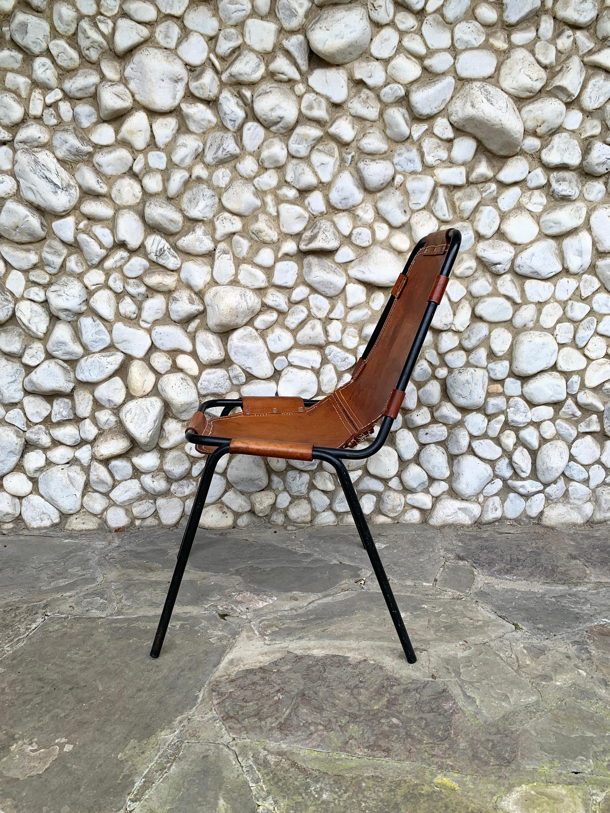 Steel Vintage Les Arcs Dining Chair Selected by Charlotte Perriand patinated Leather For Sale