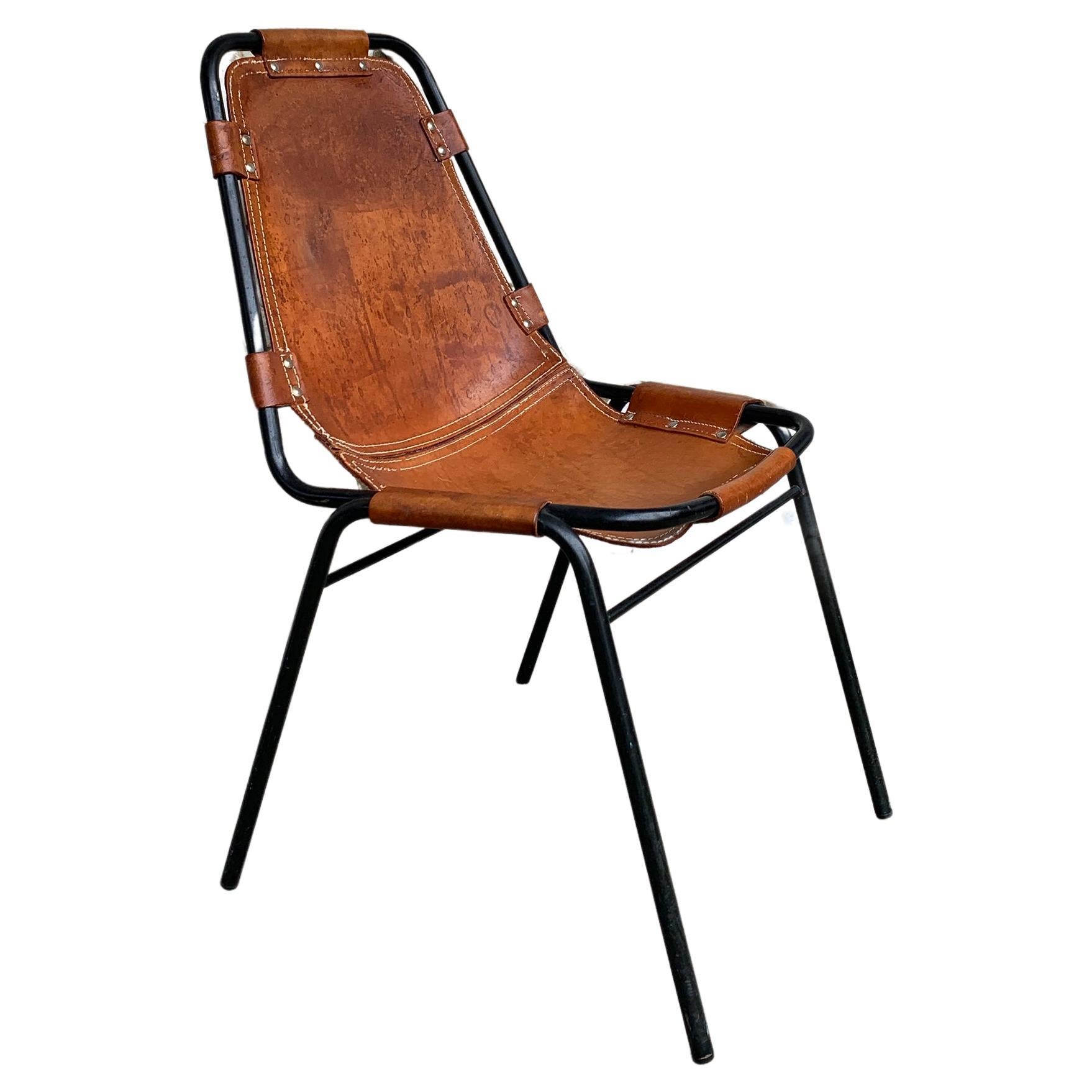 Vintage Les Arcs Dining Chair Selected by Charlotte Perriand patinated Leather For Sale