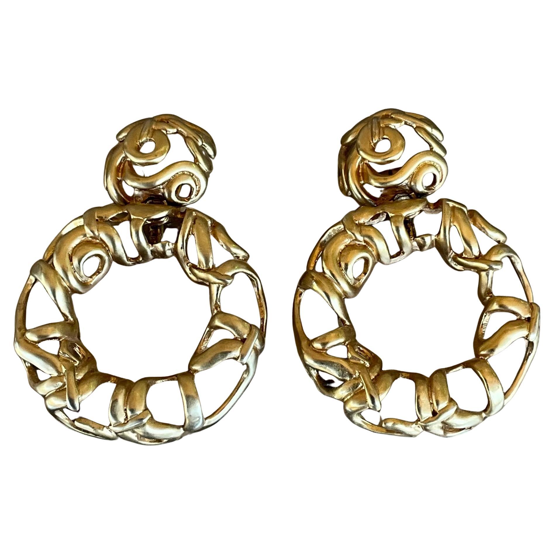 Vintage Les Bernard Brushed Gold Tone Statement Clip on Earrings