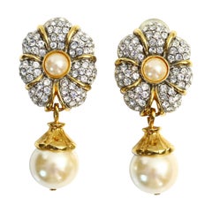 Vintage Les Bernard Diamante and Faux Pearl Dangling Earrings, Circa 1980s