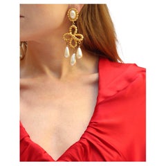 Retro Les Bernard Gold and Pearl Chandelier Earrings