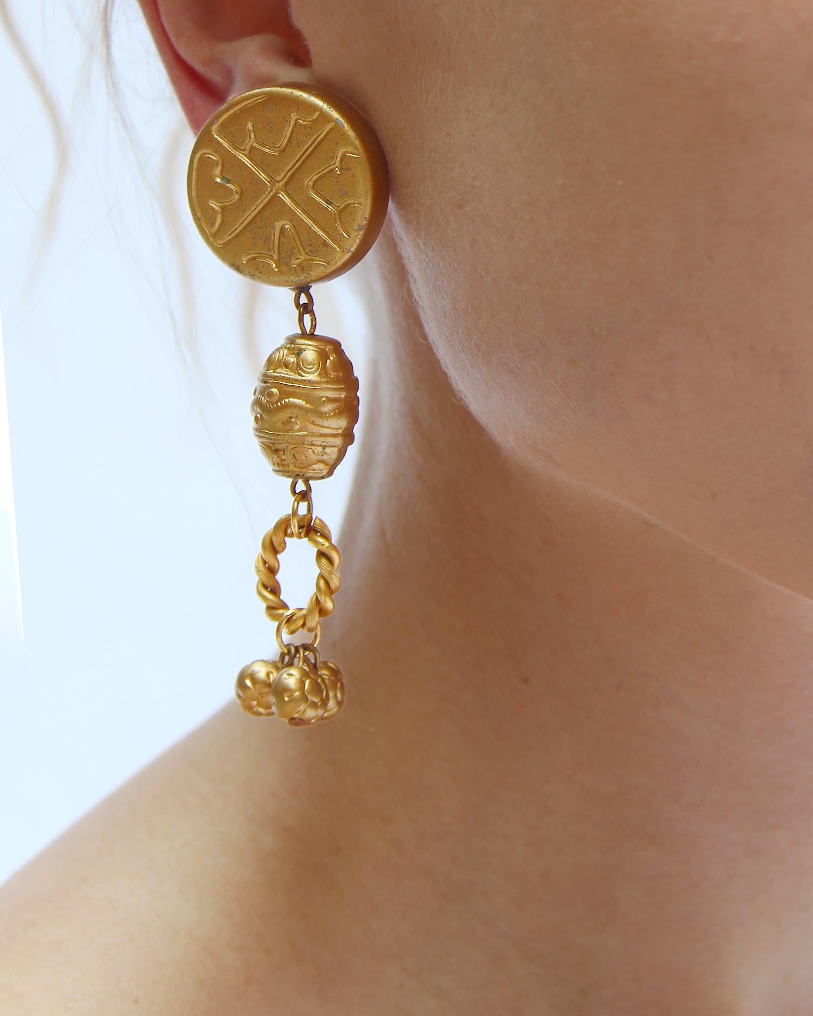 Etruscan Revival Vintage Les Bernard Gold Etruscan Statement Earrings For Sale