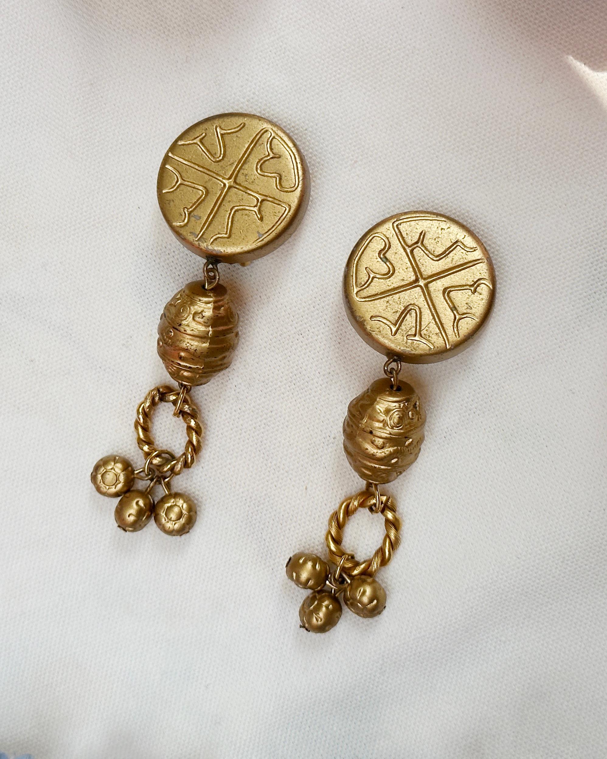 Women's Vintage Les Bernard Gold Etruscan Statement Earrings For Sale