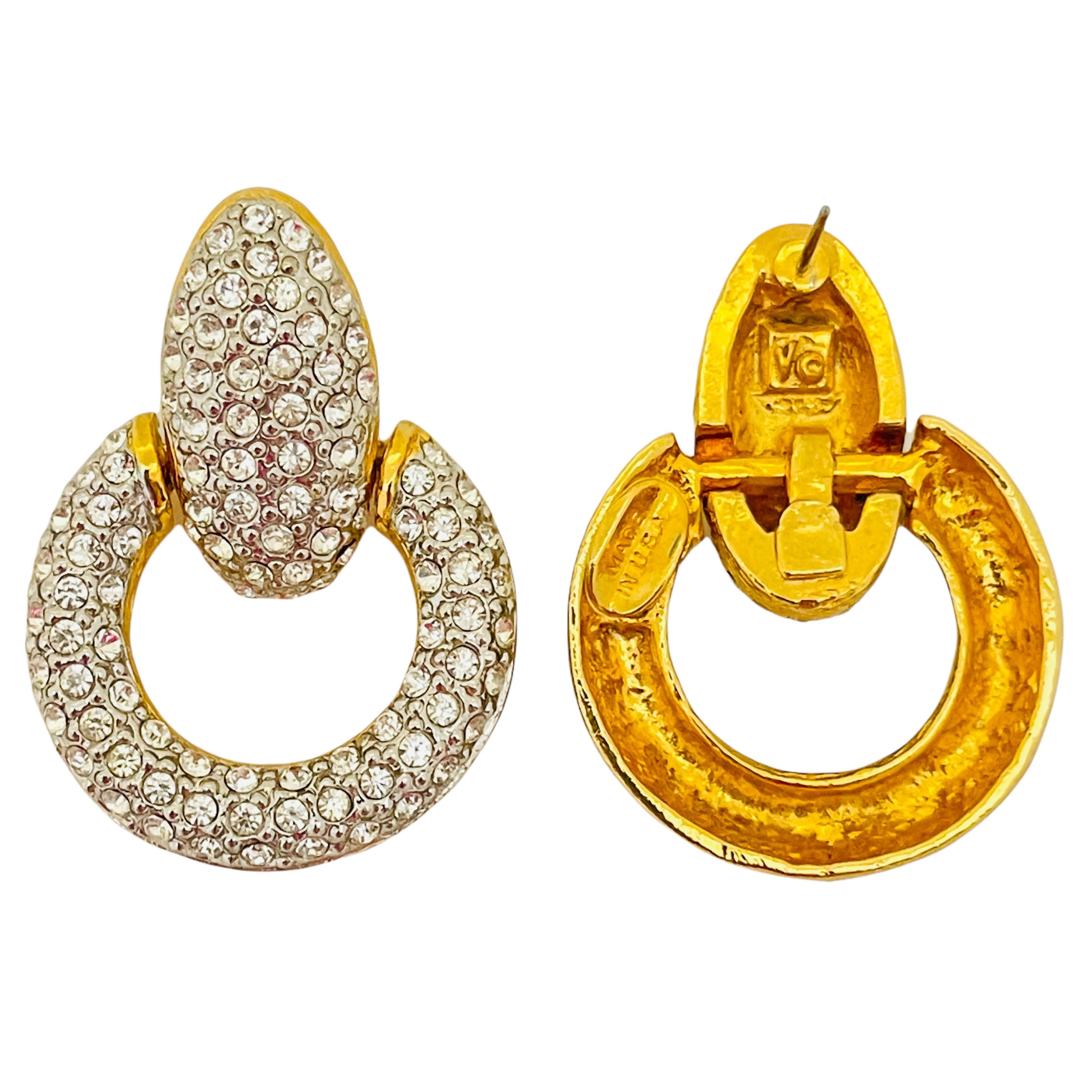 Women's Vintage LES BERNARD gold rhinestone door knocker designer runway earrings