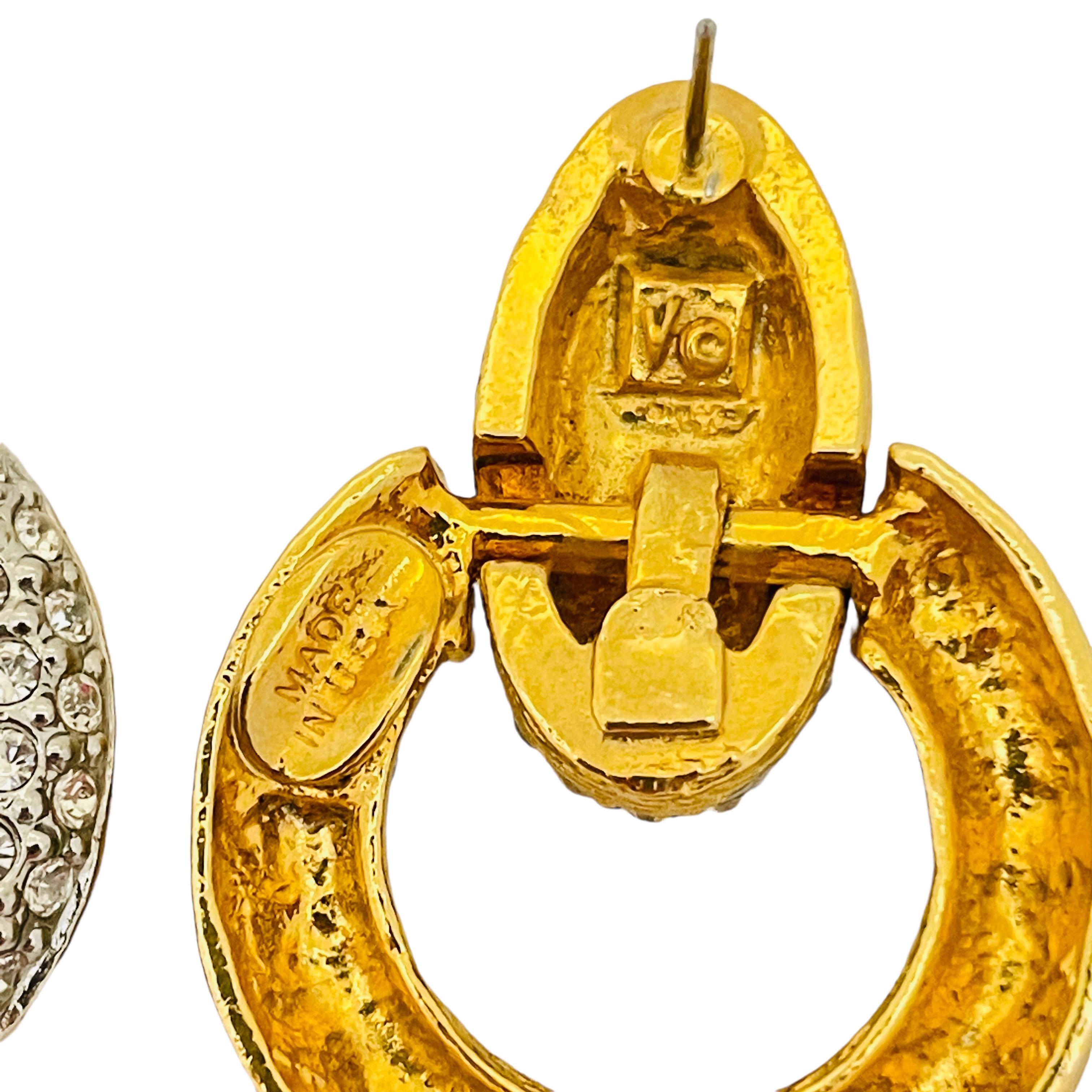 Vintage LES BERNARD gold rhinestone door knocker designer runway earrings 2