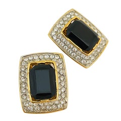 Vintage LES BERNARD gold rhinestone glass designer runway clip on earrings