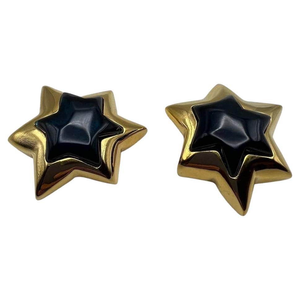 Vintage Les Bernard oversized black enamel star clip-on earrings, 1980s
