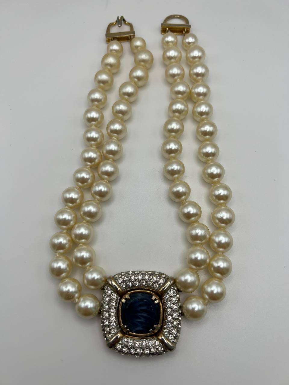 Vintage Les Bernard Rhinestone Studded Pearl Collar Necklace, 1970s 5