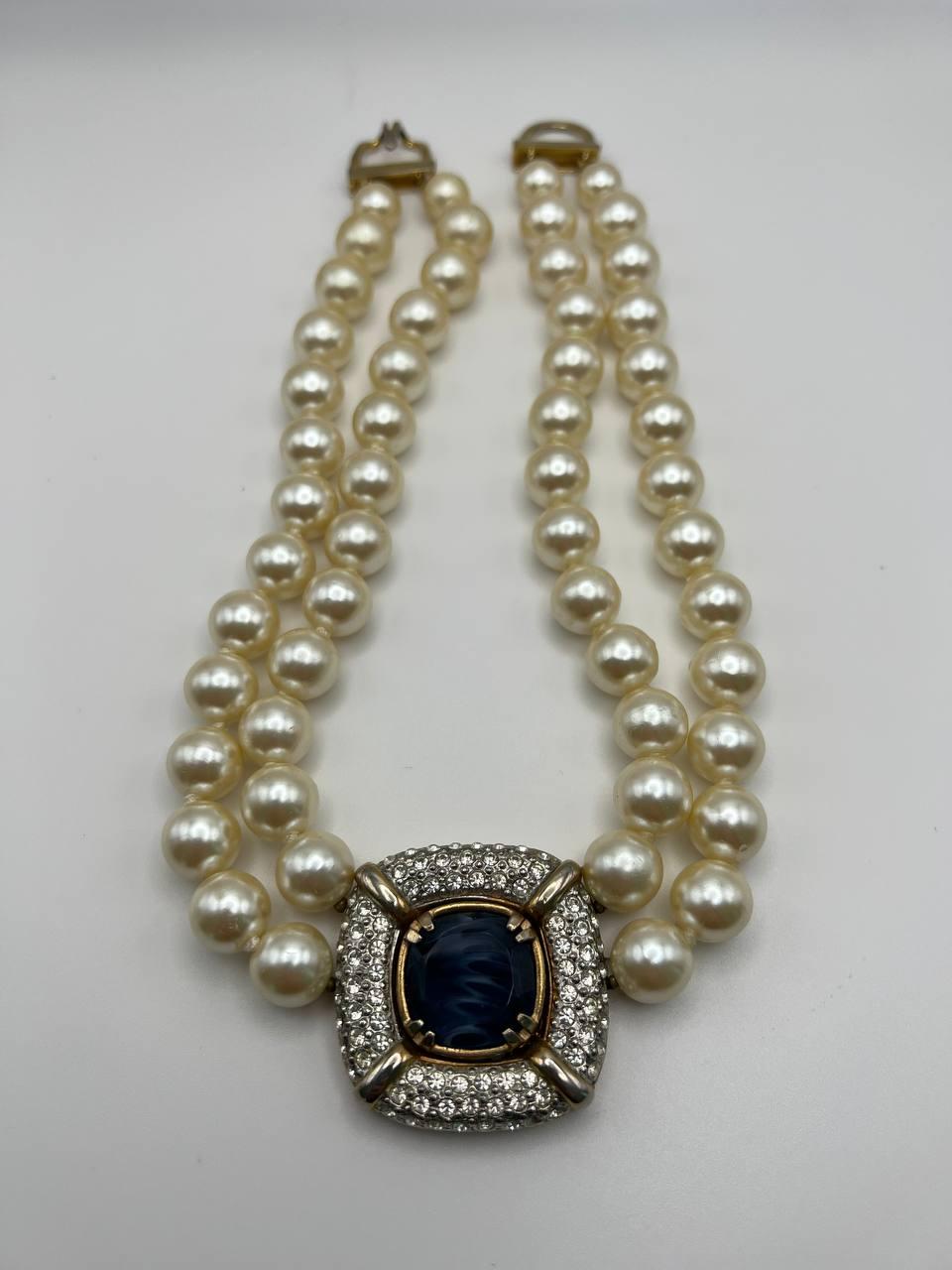 Vintage Les Bernard Rhinestone Studded Pearl Collar Necklace, 1970s 6
