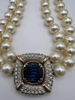 Vintage Les Bernard Rhinestone Studded Pearl Collar Necklace, 1970s