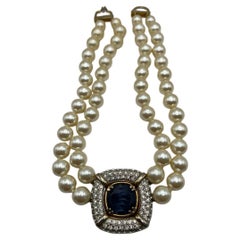 Vintage Les Bernard Rhinestone Studded Pearl Collar Necklace, 1970s