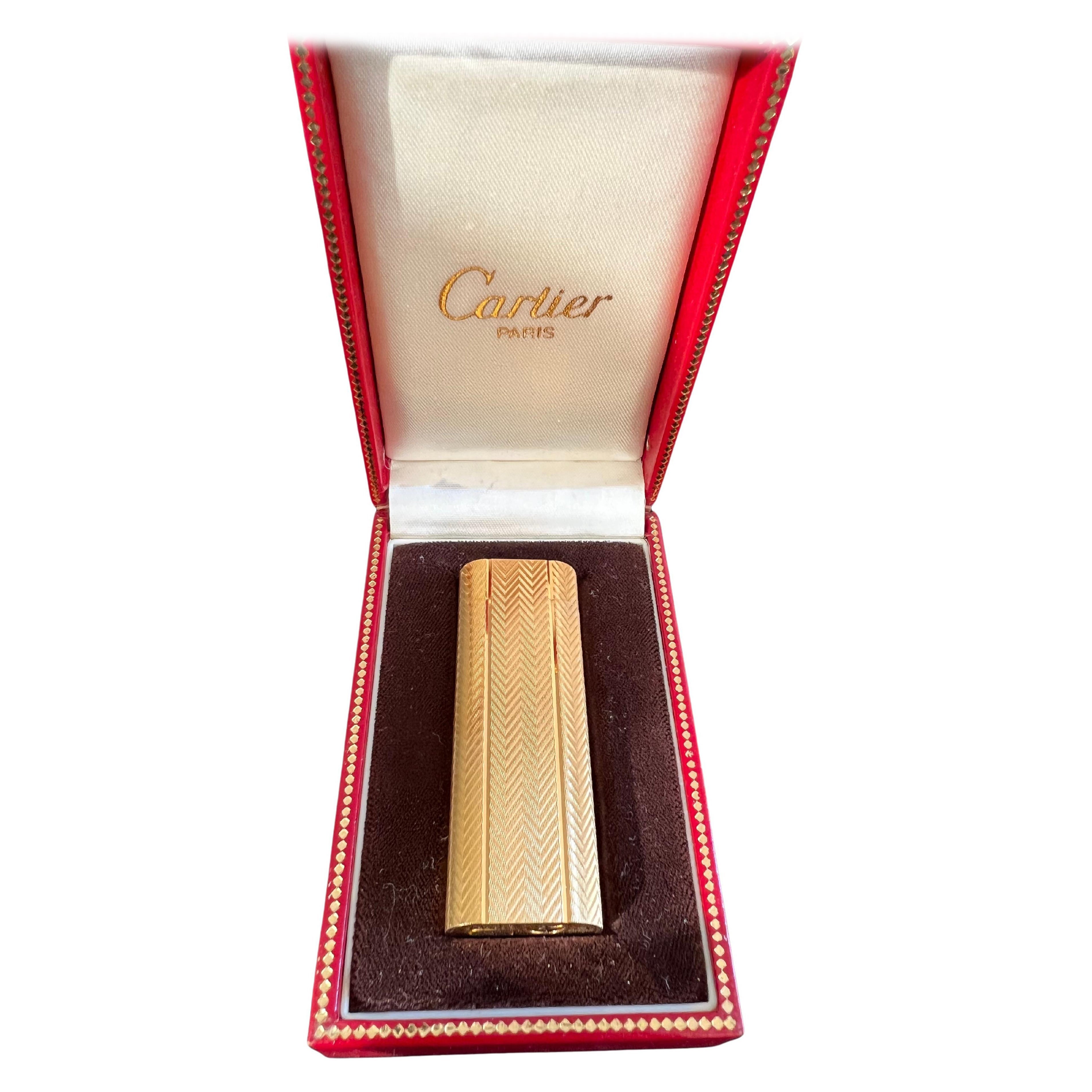 Vintage Les Must de Cartier Paris 18k Gold Plated Lighter With Original Case