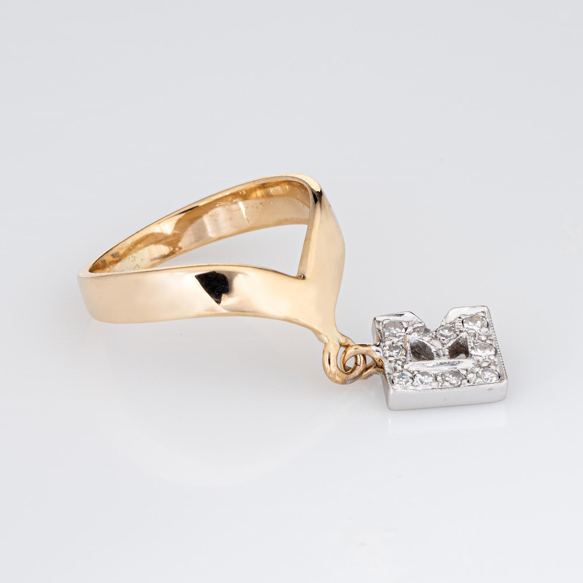 Modern Vintage Letter B Charm Ring Diamond V Shaped Sz 3.75 Pinky Estate Fine Jewelry For Sale