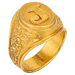 Vintage Letter J Ring 24k Yellow Gold Signet Band Initial Men's Jewelry