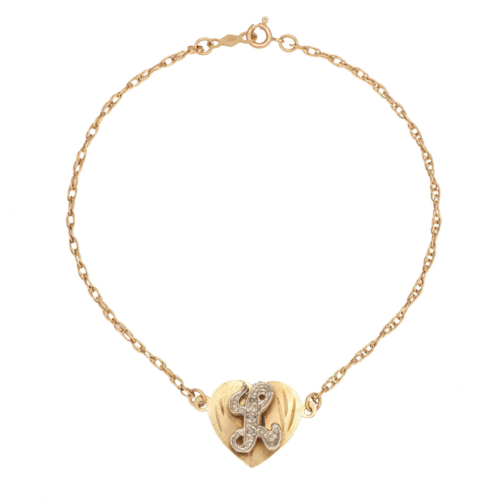 Modern Vintage Letter L Diamond Bracelet Heart Charm 14k Gold Initial Script Jewelry