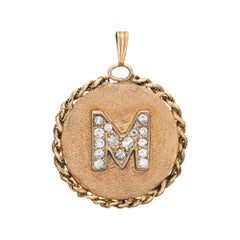 Vintage Letter M Pendant Diamond 14k Yellow Gold Initial Charm Jewelry Round