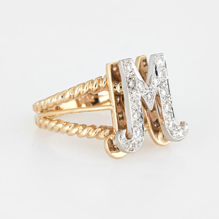Vintage Letter M Ring 14 Karat Yellow Gold Initial Jewelry Estate Fine Two Tone For Sale At 1stdibs