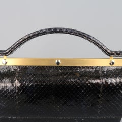 Vintage LEU LOCATI Black Snake Skin Leather Gold Metal Evening Handbag