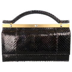 Vintage LEU LOCATI Black Snake Skin Leather Gold Metal Evening Handbag