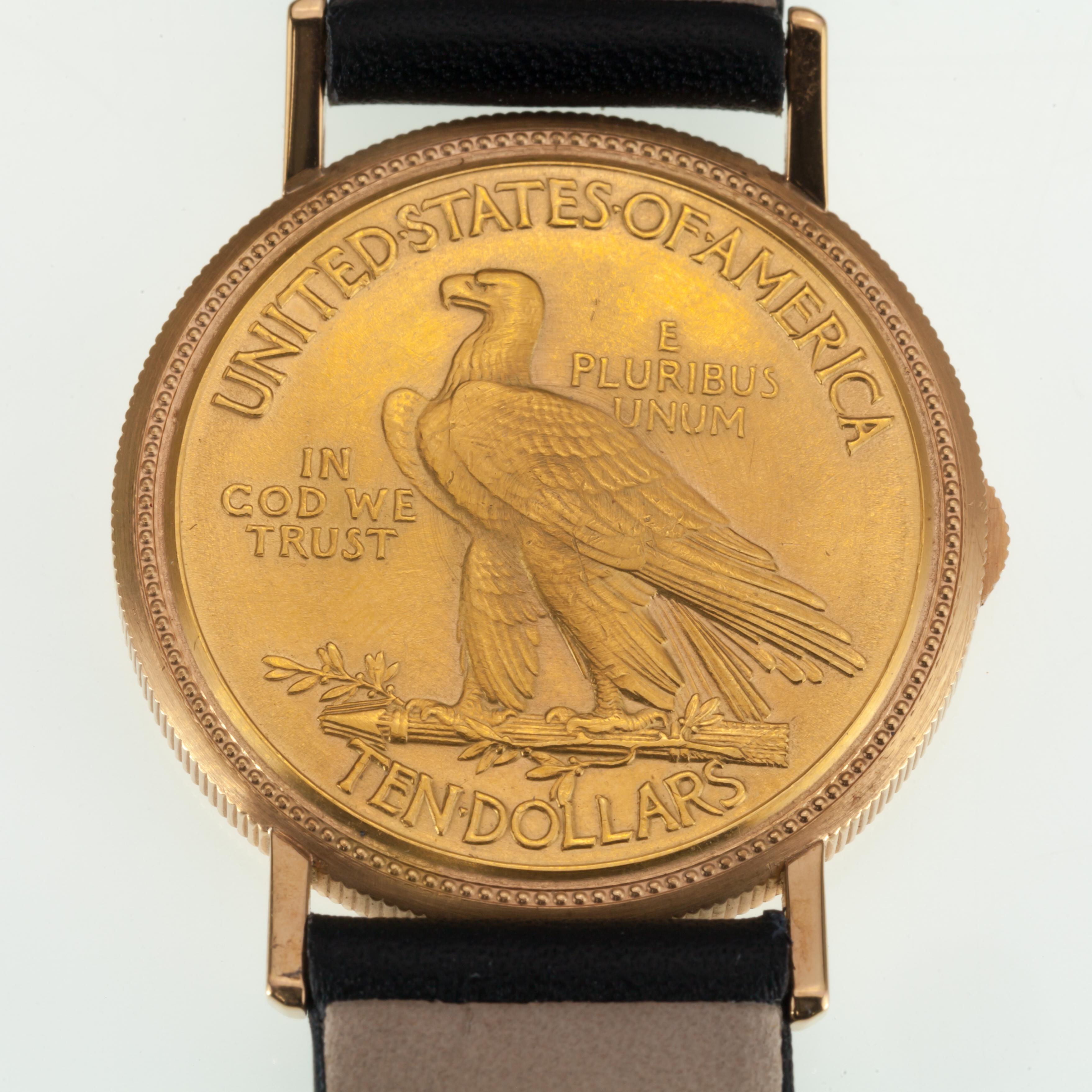 Vintage Leuba Louis 18k $10 Gold Indian Watch with Leather Band, Eagle Reverse 2