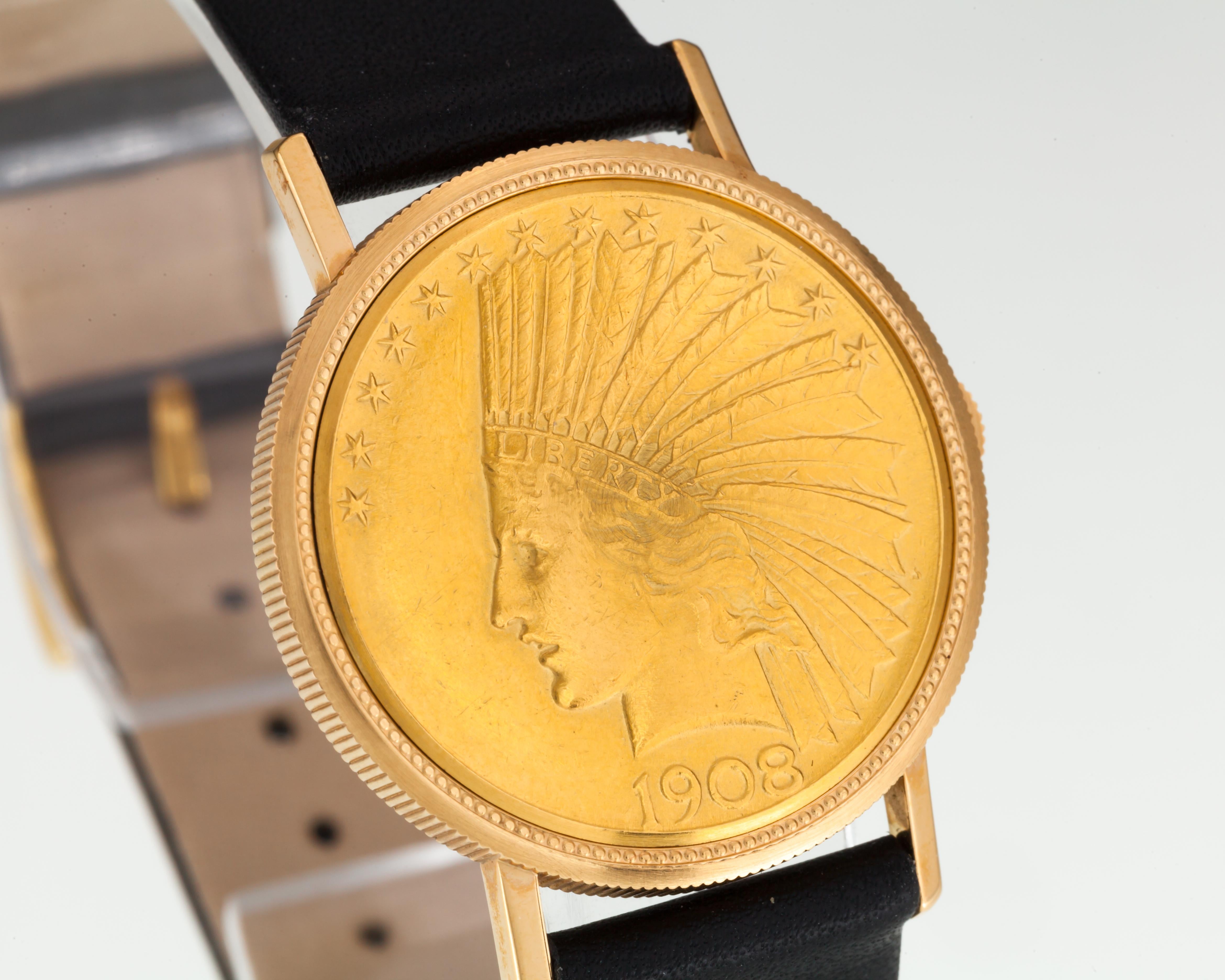 18k Yellow Gold Case w/ 1908 $10 Gold Indian Eagle Coin Front and Back Cover
30 mm in Diameter
Lug-to-Lug Width = 16 mm
Lug-to-Lug Distance = 37 mm
Thickness = 5 mm

Leuba Louis Geneve Thin Hinged Movement and Dial
19 mm in Diameter
3 mm Thick
In