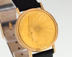 Vintage Leuba Louis 18k $10 Gold Indian Watch with Leather Band, Eagle Reverse