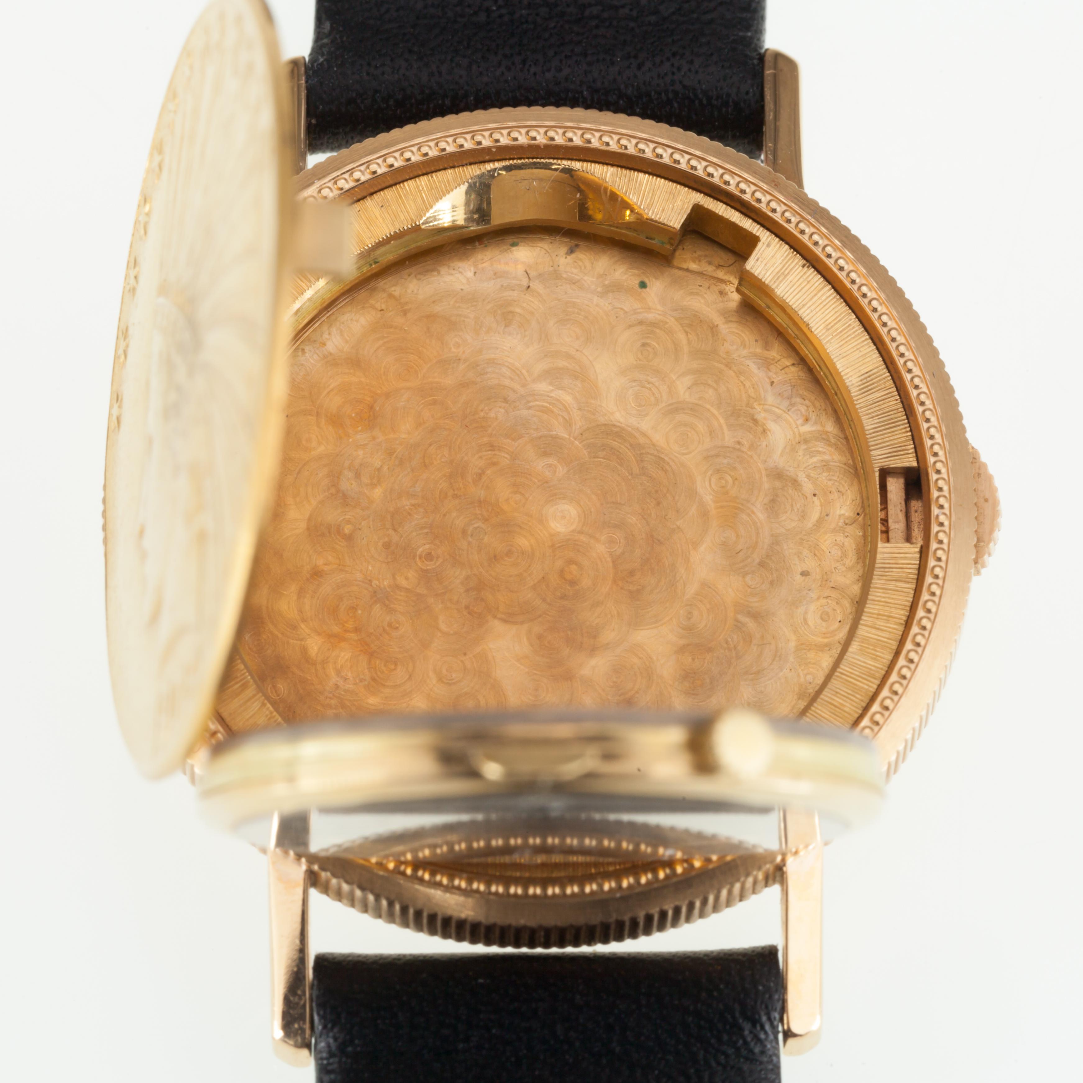 Modern Vintage Leuba Louis 18k $10 Gold Indian Watch with Leather Band, Eagle Reverse
