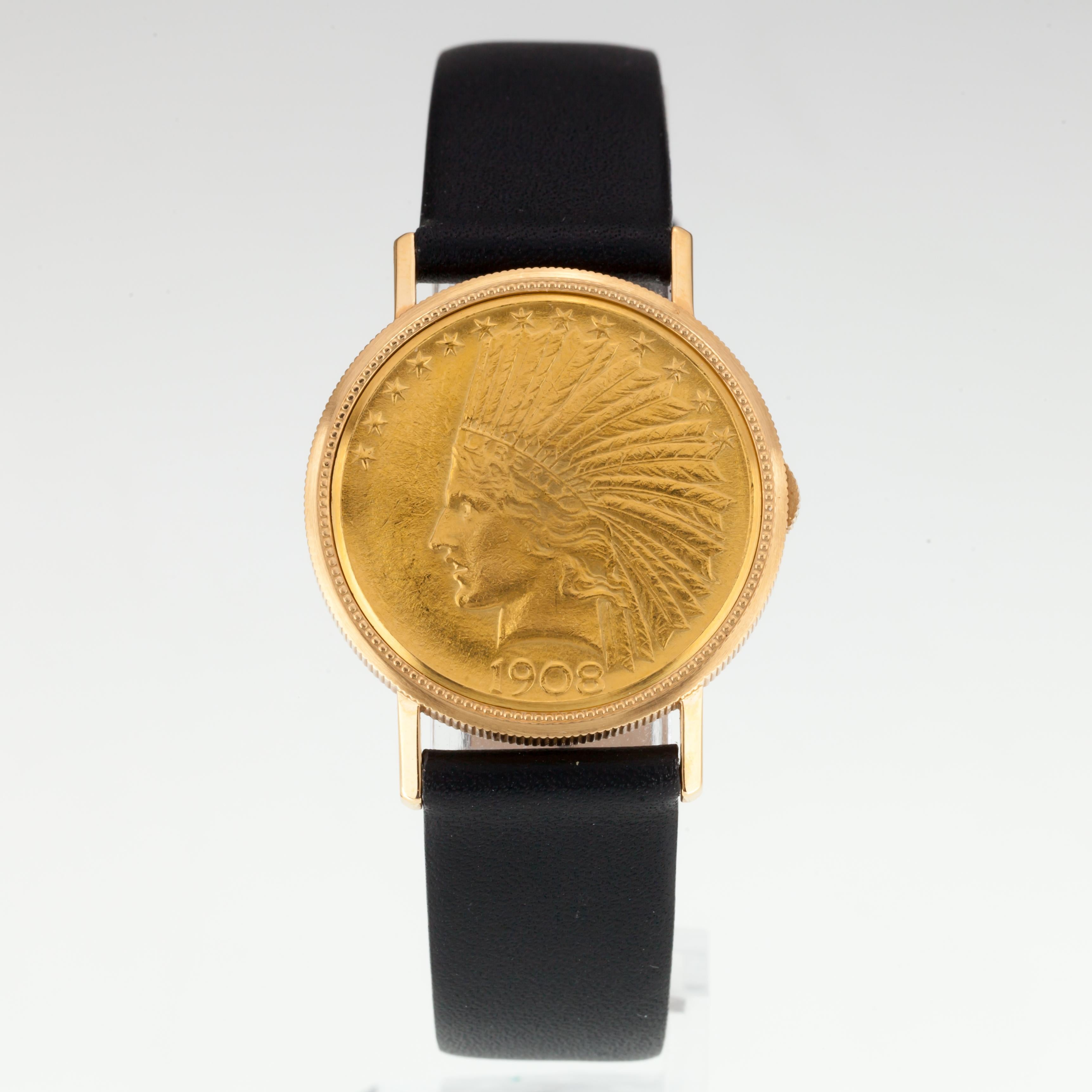 Women's or Men's Vintage Leuba Louis 18k $10 Gold Indian Watch with Leather Band, Eagle Reverse