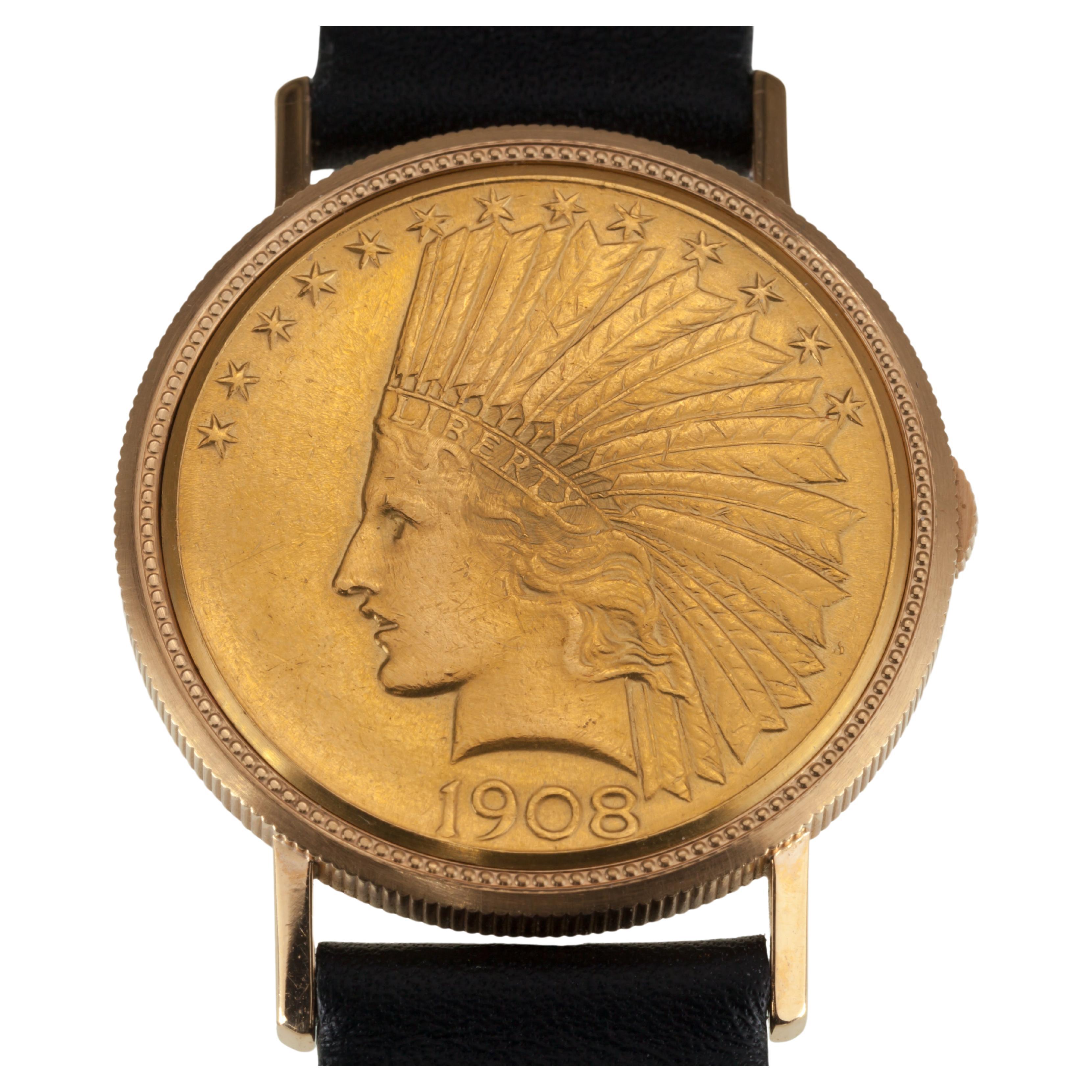 Vintage Leuba Louis 18k $10 Gold Indian Watch with Leather Band, Eagle Reverse