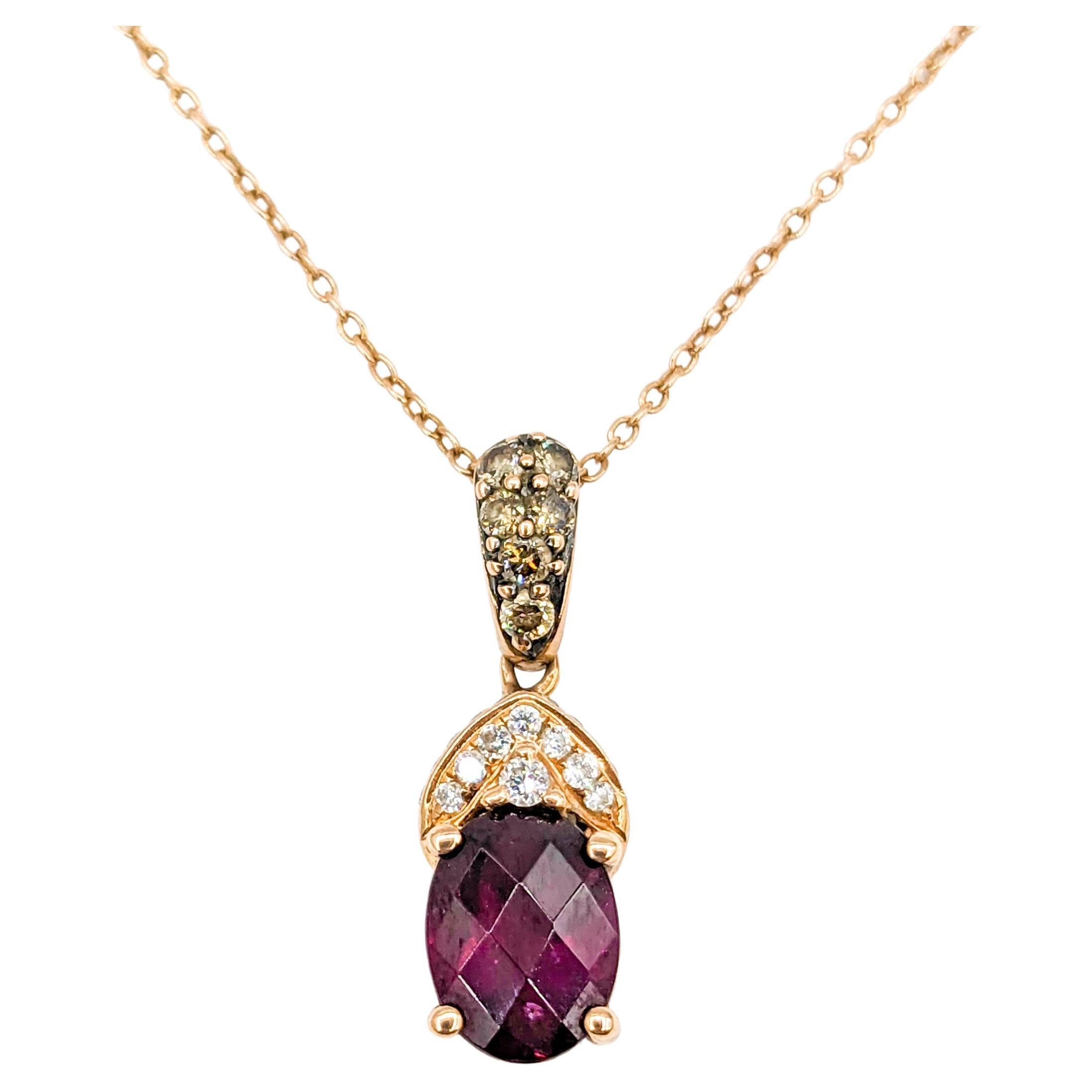 Vintage LeVian Garnet & Diamond Pendant Necklace in Rose Gold For Sale