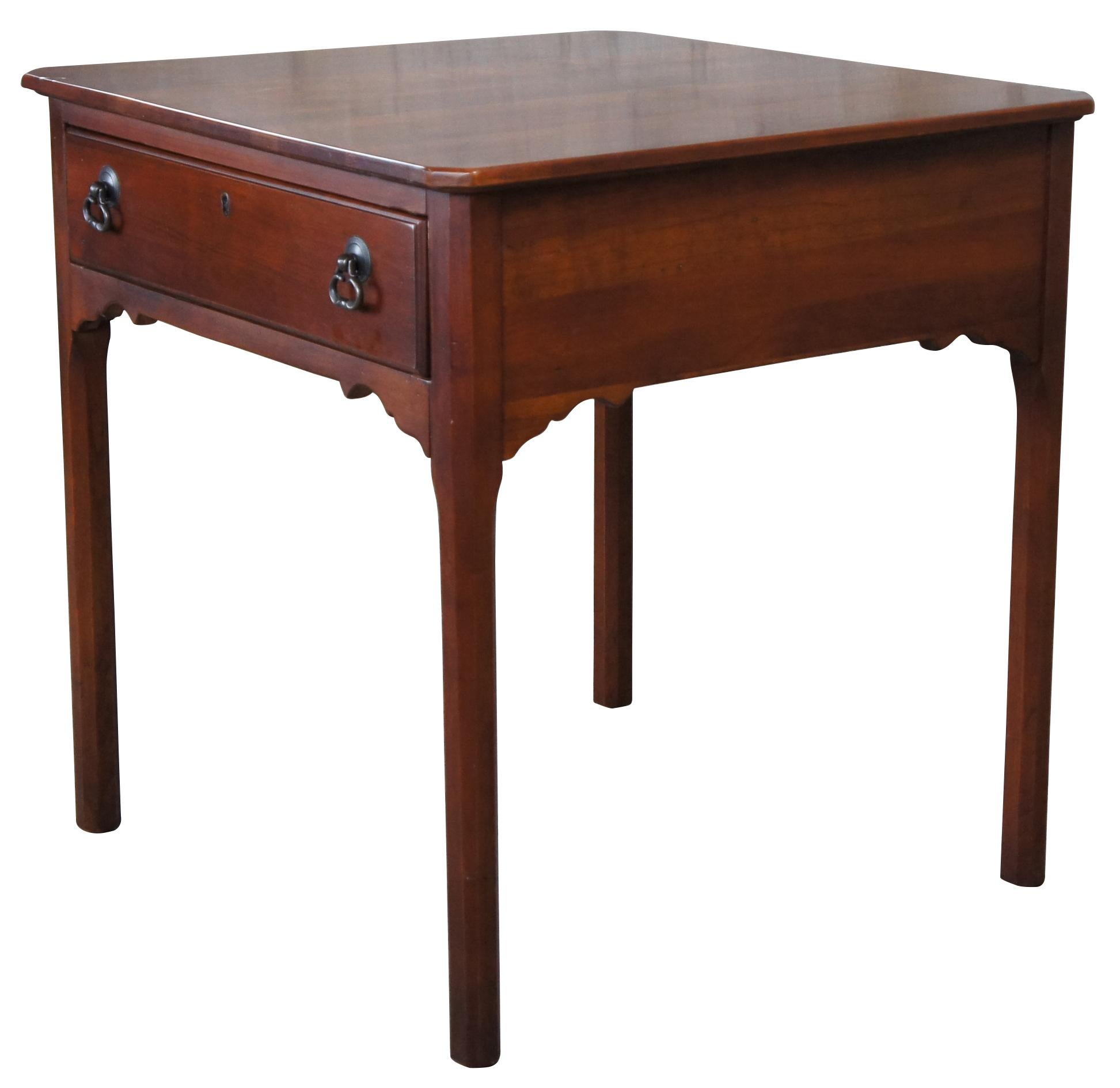 Vintage Lexington Furniture Bob Timberlake Collection lamp table. Made of cherry featuring square form with notched corners, one drawer and serpentine skirt. Measure: 24