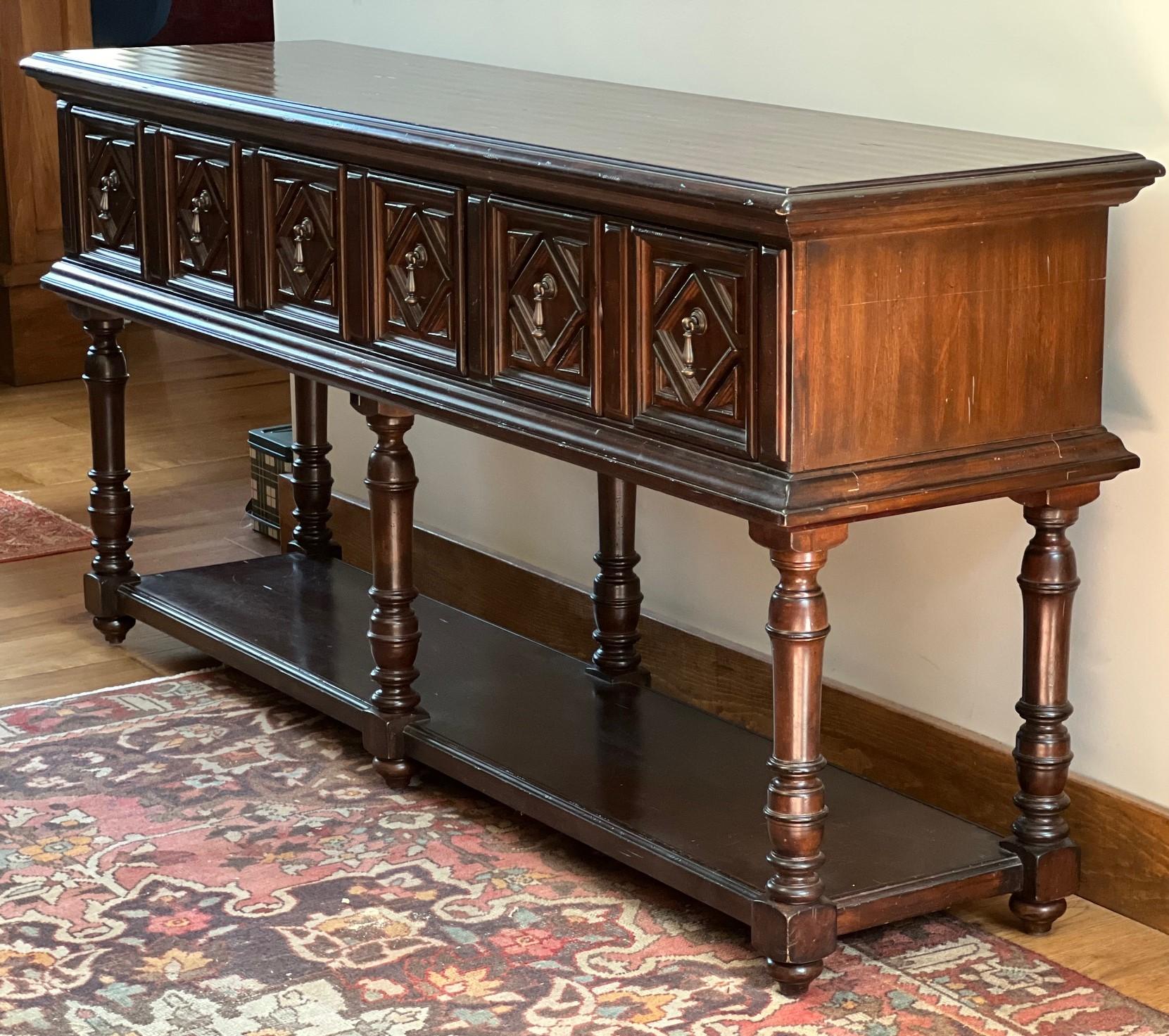 Vintage Lexington Furniture Solid Walnut Console with Three Drawers and Shelf 9