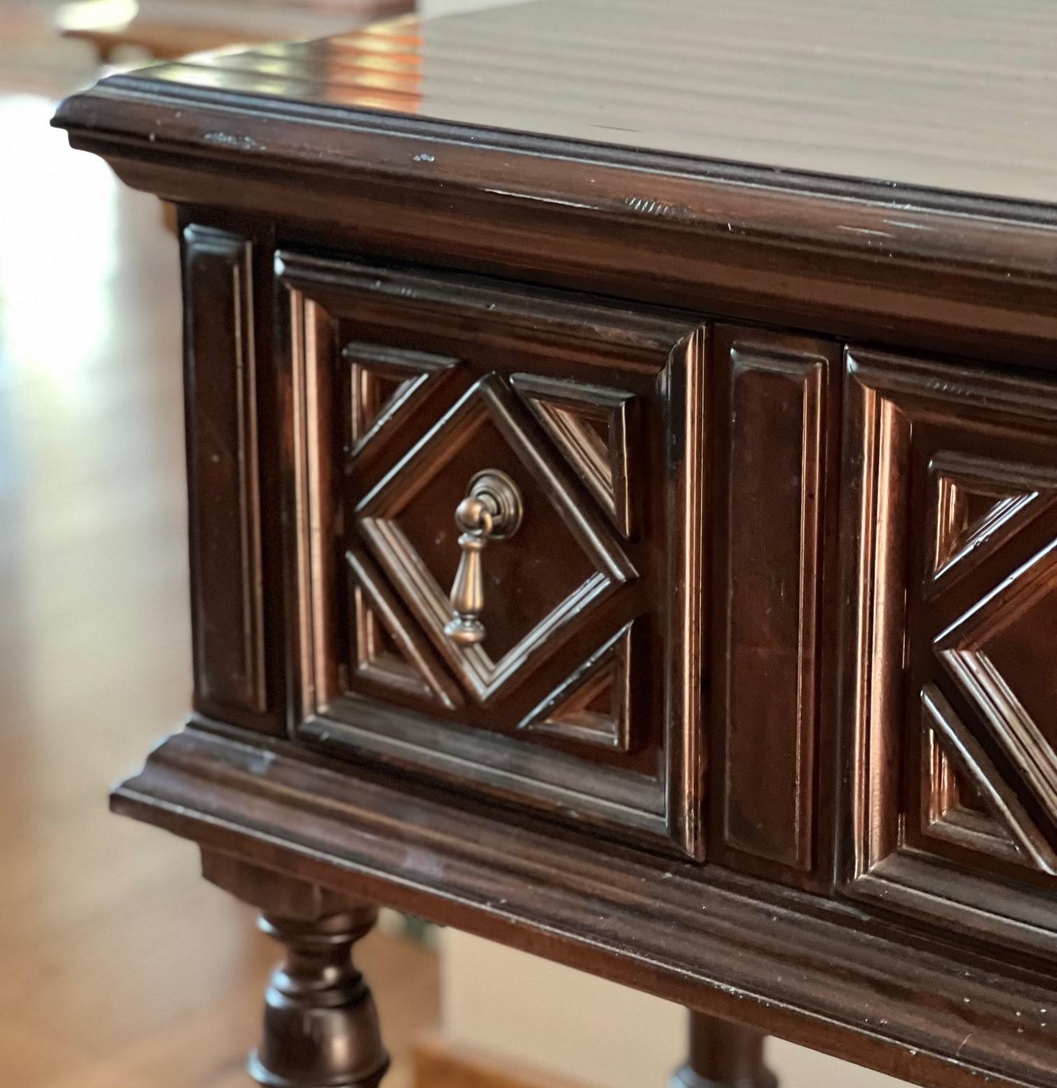 Spanish Colonial Vintage Lexington Furniture Solid Walnut Console with Three Drawers and Shelf